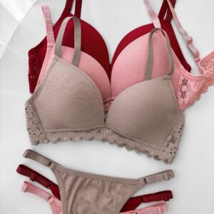 Women's Ribbed Texture Comfort Bra & Panty Set with Eyelet Lace