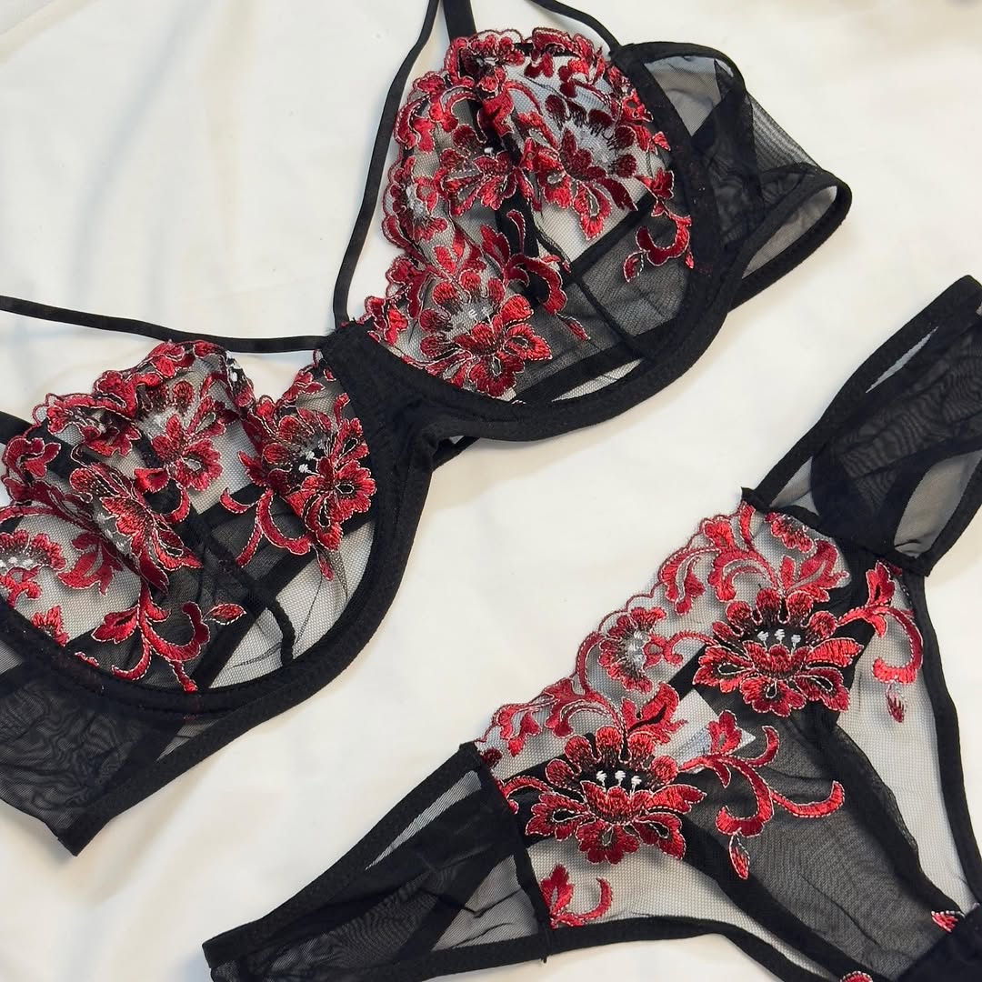 Black & Red Floral Embroidered Strappy Bra Set - Image 3