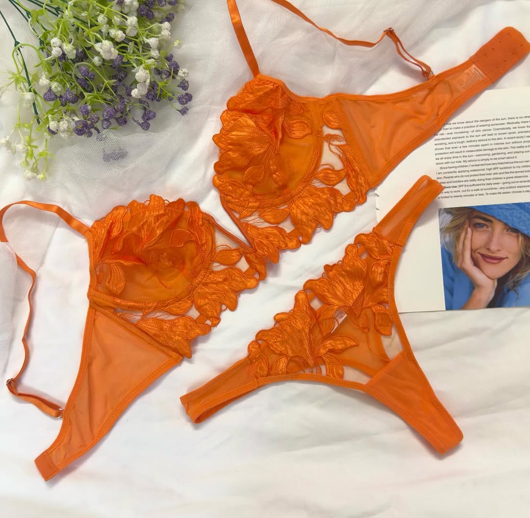 Women's Luxury Floral Applique Sheer Mesh Lingerie Set - Image 2