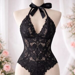 Black Lace Halter Bodysuit with Satin Bow