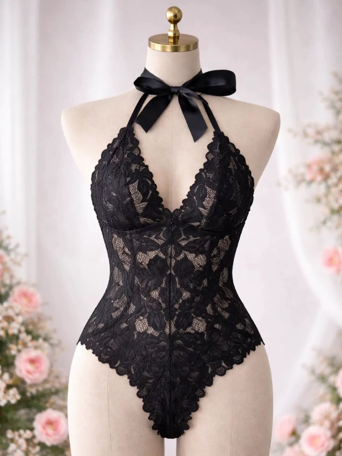 Black Lace Halter Bodysuit with Satin Bow