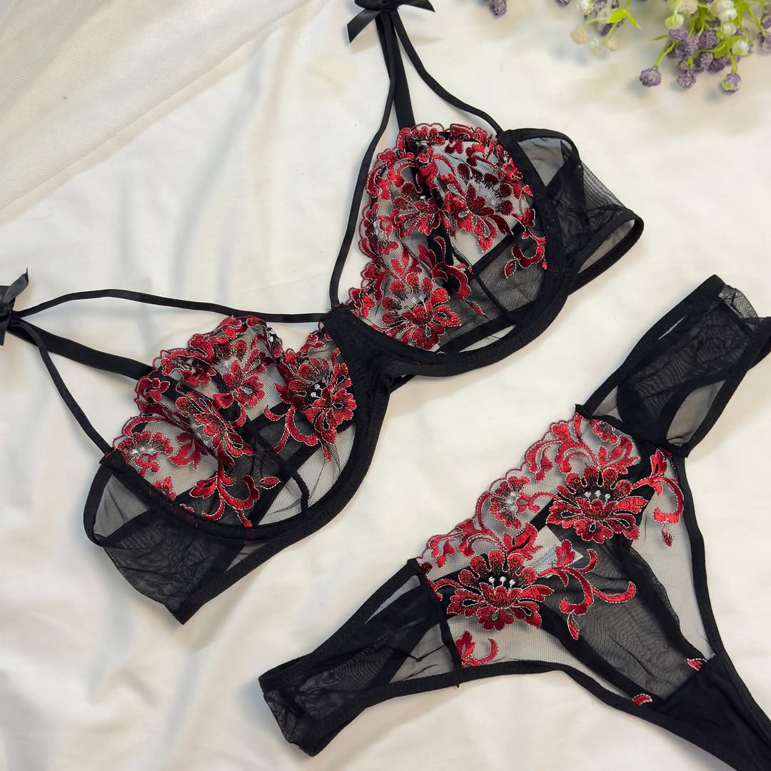 Black & Red Floral Embroidered Strappy Bra Set - Image 5