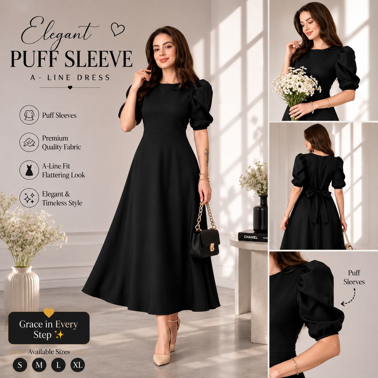 Timeless High-Neck Puff Sleeve Flare Dress - Image 2