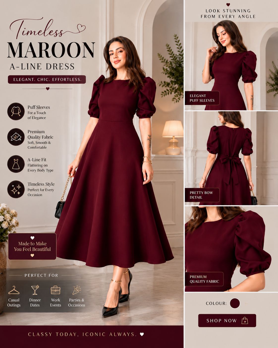 Timeless High-Neck Puff Sleeve Flare Dress