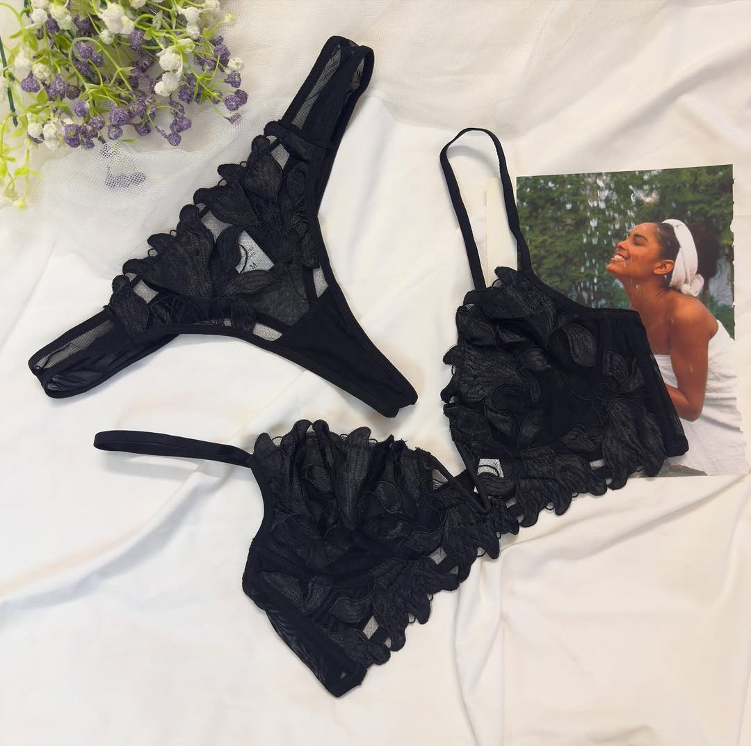 Women's Luxury Floral Applique Sheer Mesh Lingerie Set - Image 3