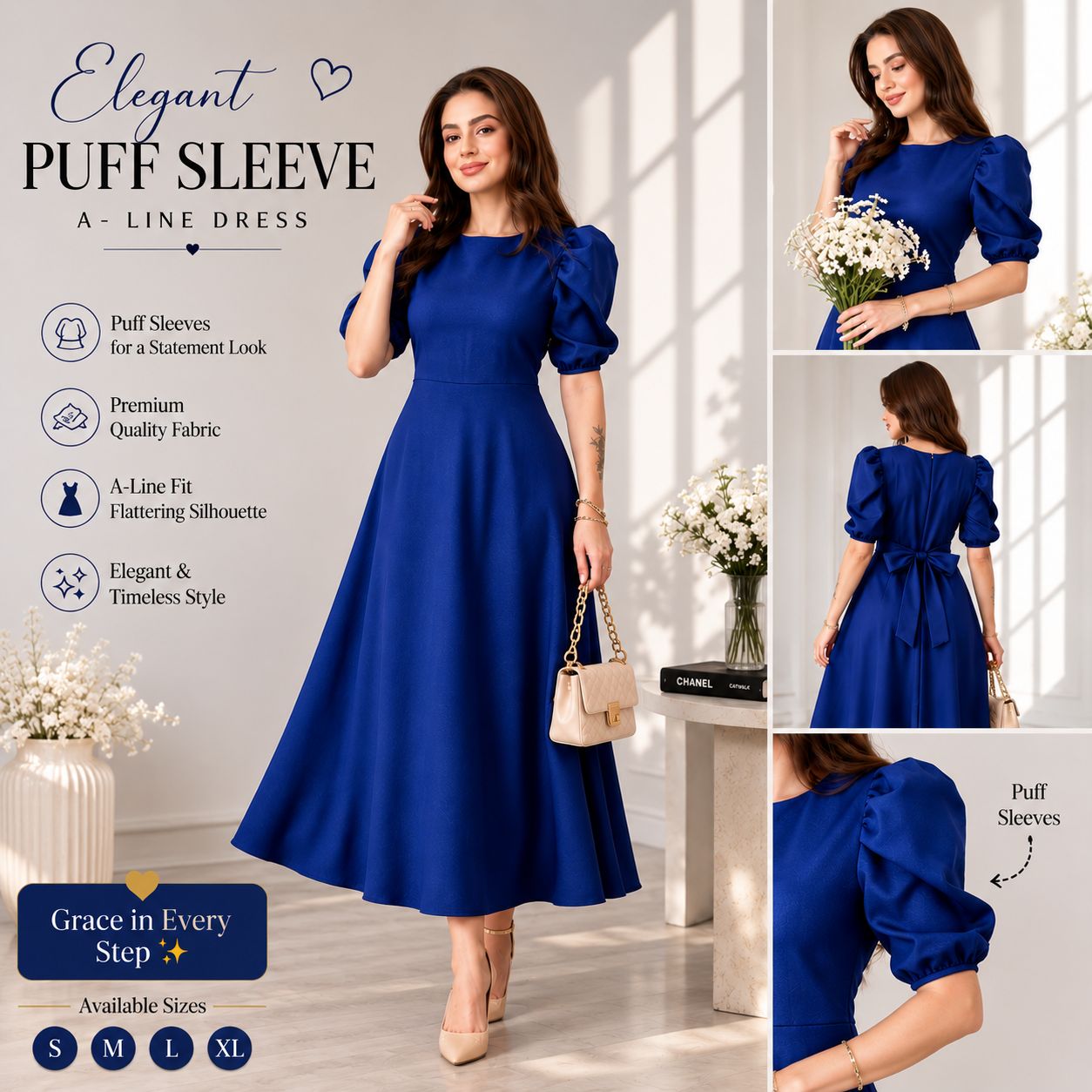 Timeless High-Neck Puff Sleeve Flare Dress - Image 4