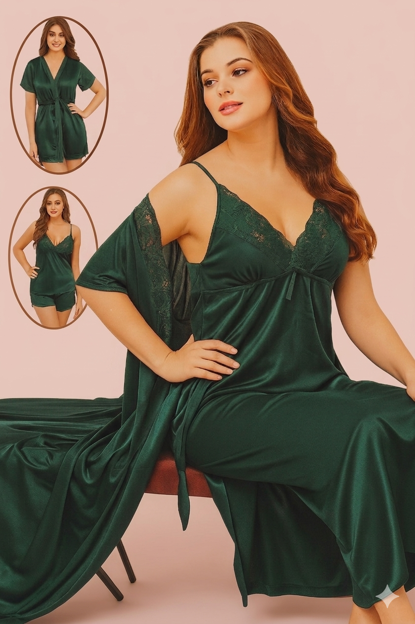 3 Pcs Sexy Slik Short Nighty With Gown - Image 6
