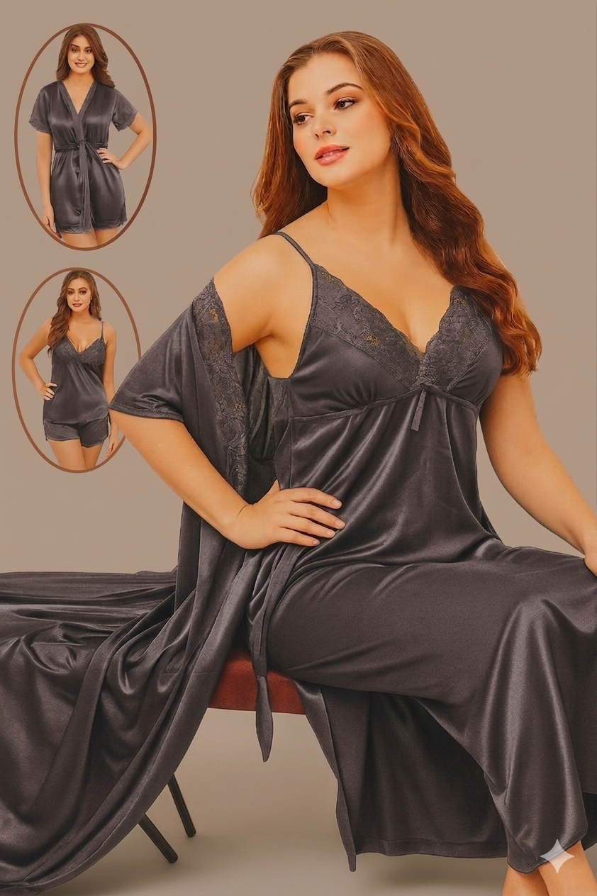 3 Pcs Sexy Slik Short Nighty With Gown - Image 5