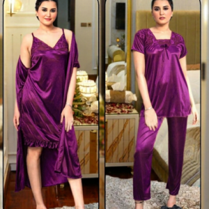 4 Pcs Satin Short Night Dress & Full Sleeves