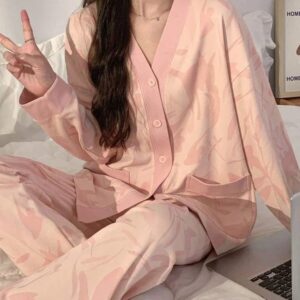 Baby Pink Petals V-Neck Button Printed Night Suit