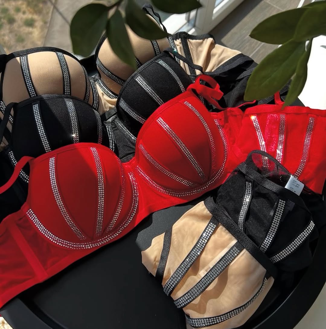 Women's Luxury Rhinestone Crystal Bustier Bra & Strappy Panty Set