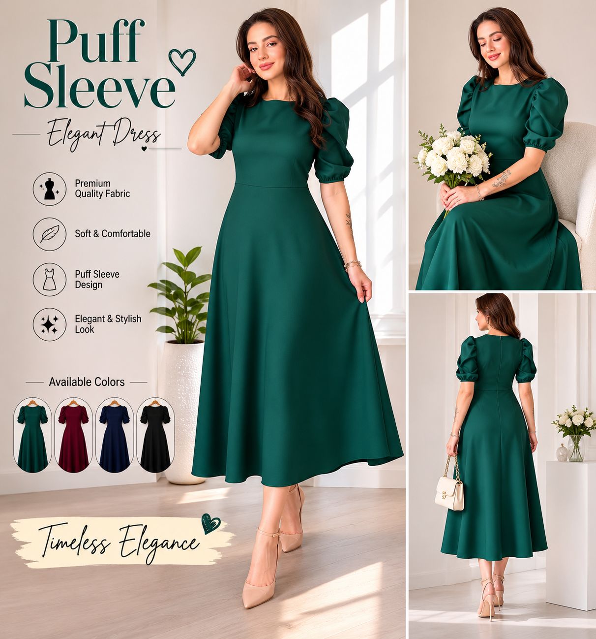 Timeless High-Neck Puff Sleeve Flare Dress - Image 3