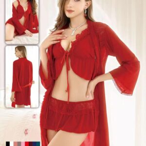 Red Lace 3-Piece Nightwear Set – Elegant, Soft & Seductive