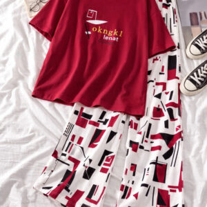 Women's Maroon Geometric Abstract Loungewear Set