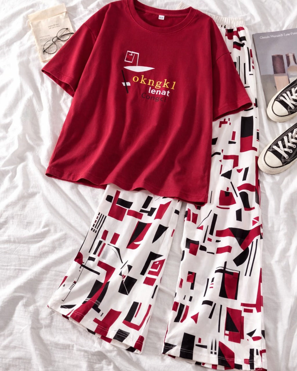 Women's Maroon Geometric Abstract Loungewear Set