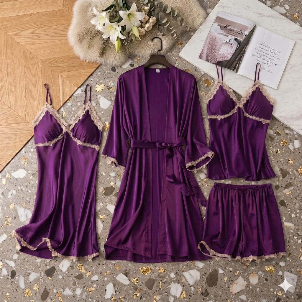 4 Pcs Designing Nighty For Women's With Gown - Image 3