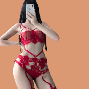 Red Floral Lace Bra Panty Garter Lingerie Set for Women